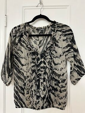 Express Black & Cream Abstract Printed Peasant Blouse